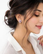Round silver earring tops for women in side view