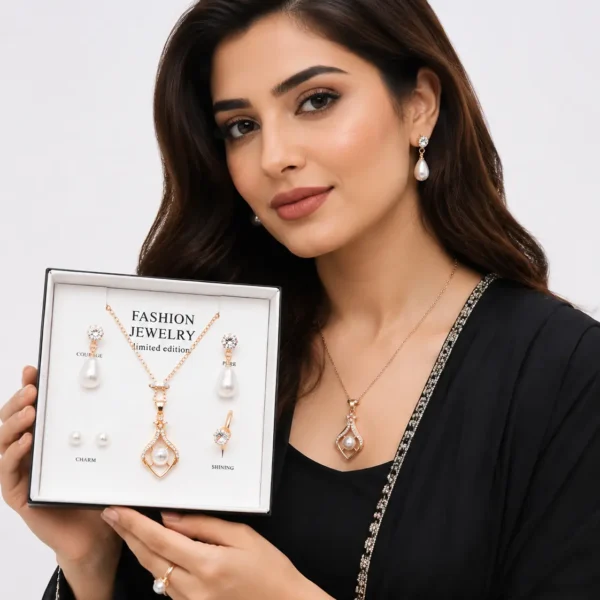 Artificial jewellery set with floral pearl pendant and matching earrings