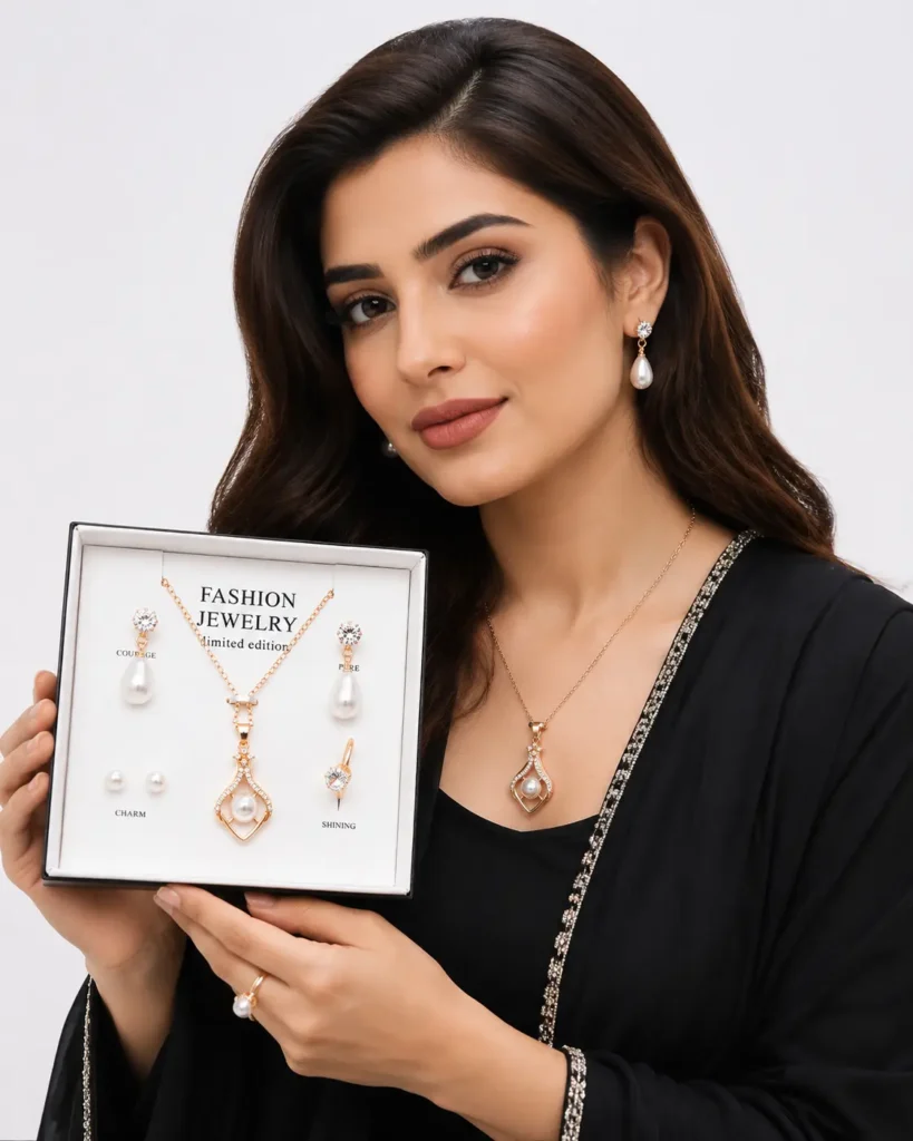 Artificial jewellery set with floral pearl pendant and matching earrings
