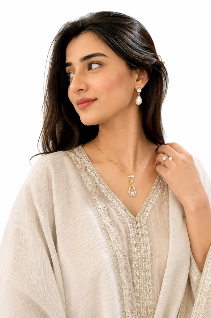 Bridal jewellery set with heart pearl pendant and matching earrings