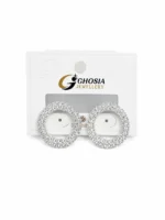 Close-up of round crystal stud earrings with sparkling stones