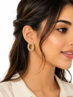 Woman wearing round crystal stud earrings