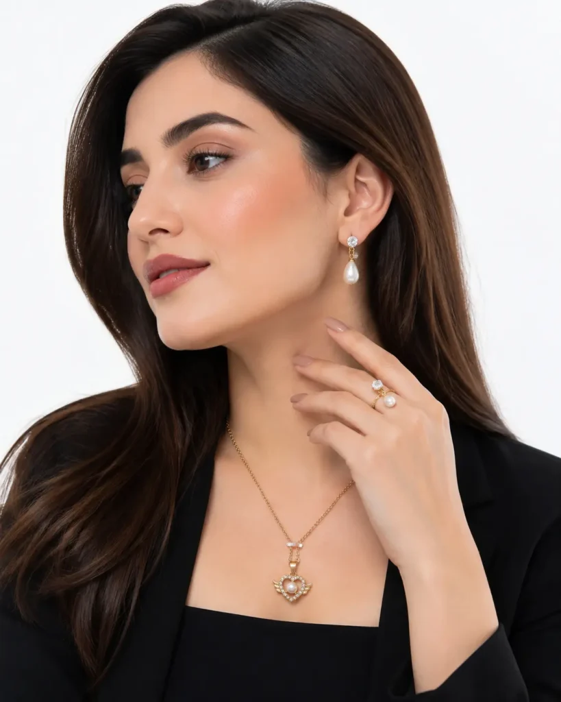 Simple jewellery set with elegant pearl pendant and matching earrings